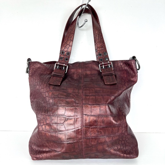 FRANCESCO BIASIA Burgundy Metallic Croc Embossed Leather Oversized Shoulder Bag - Picture 5 of 14